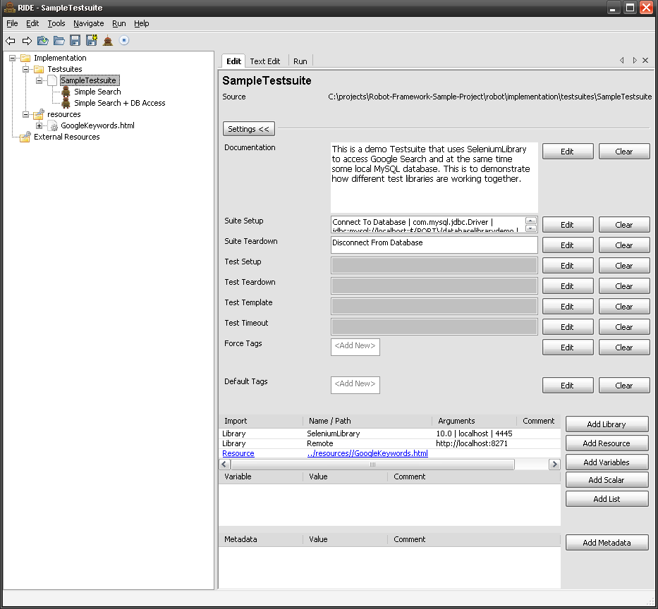 在 RIDE 中编辑 Testsuites 和 Resource 文件